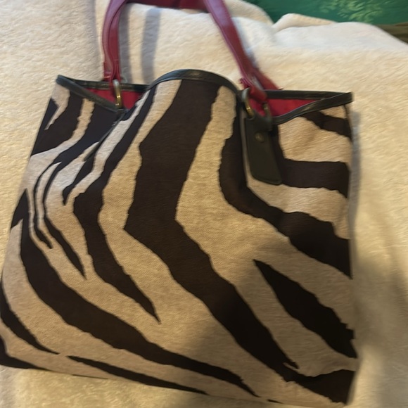 Zebra animal print purse with red leather straps tote bag - Picture 3 of 7